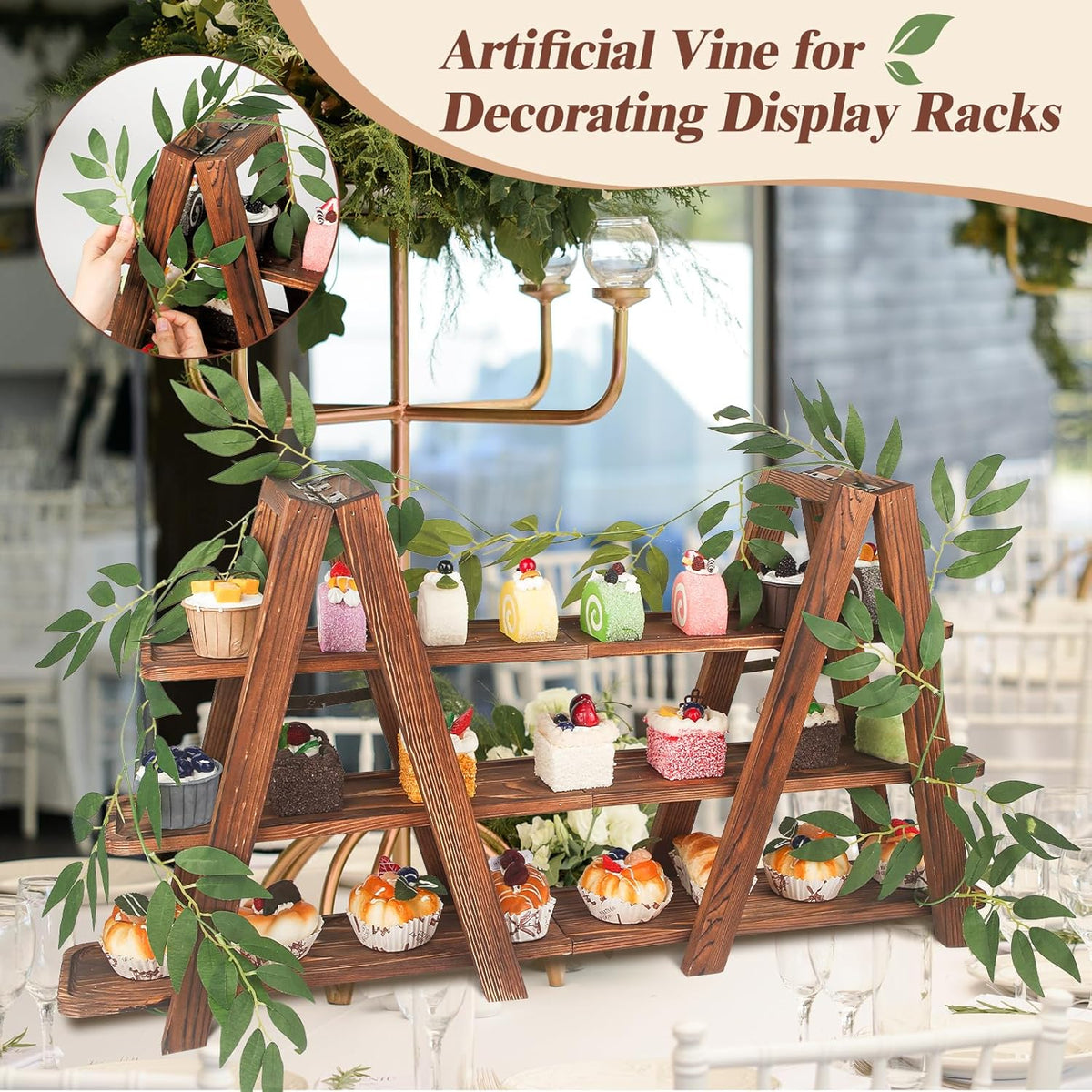 Wooden 3-Tier Cupcake Stand with Removable Trays & Vine Decoration – Foldable Party Display Serving
