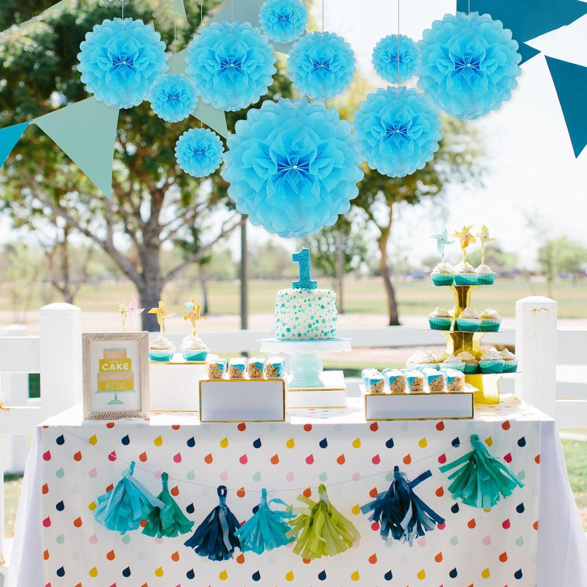 Tissue Paper Pom Poms, Blue Tissue Paper Flowers, Hanging Flower Balls for Weddings Fiesta Parties
