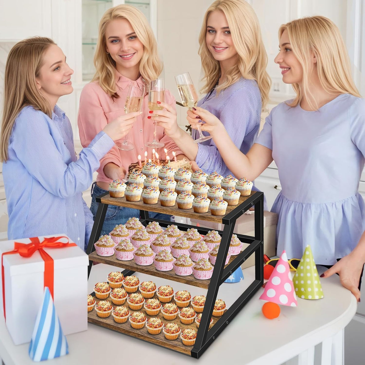 Cupcake Stand, 3 Tier Large Cupcake Stand for 50 Cupcakes Rustic Cupcake Display Stand Square Wood