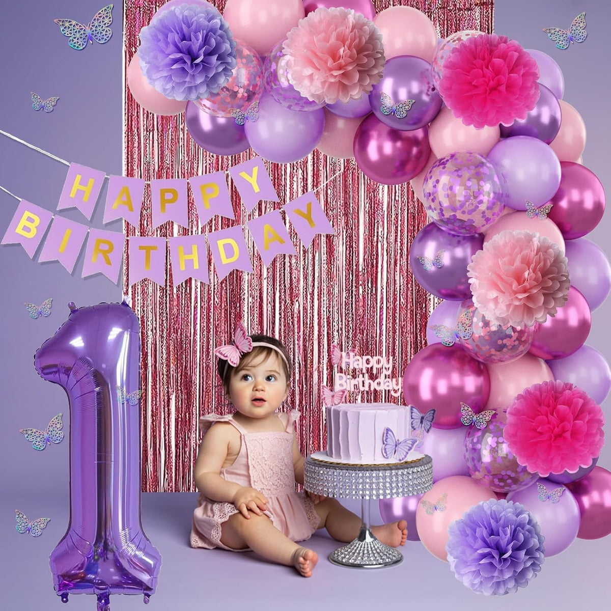 Pink Purple 1st Birthday Party Decorations for Girls Number 1 Balloon Happy Birthday Banner