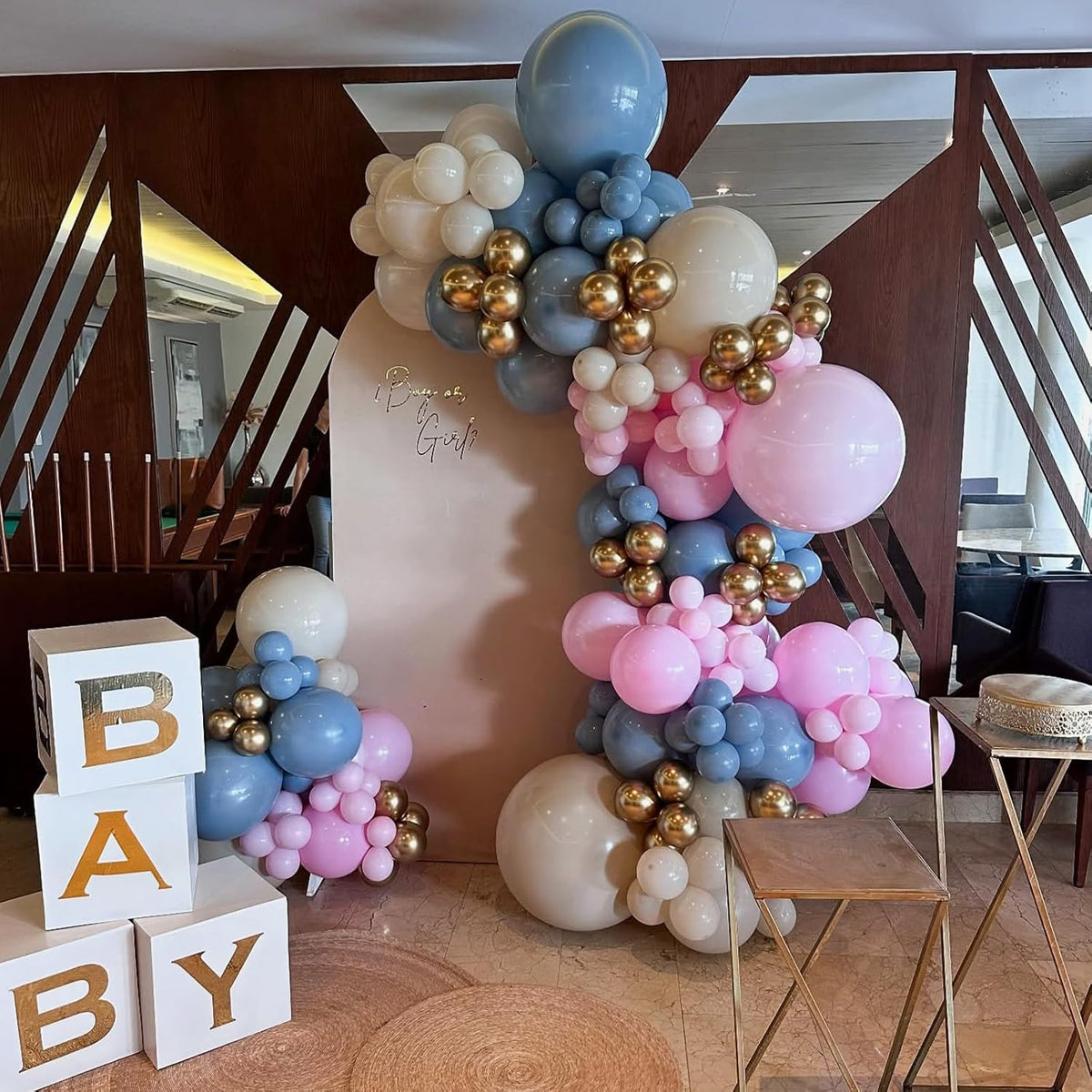 Gender Reveal Balloons, 60 Pcs 12 Inch Dusty Blue Pink Balloons, Chrome Gold Sand White Balloon for