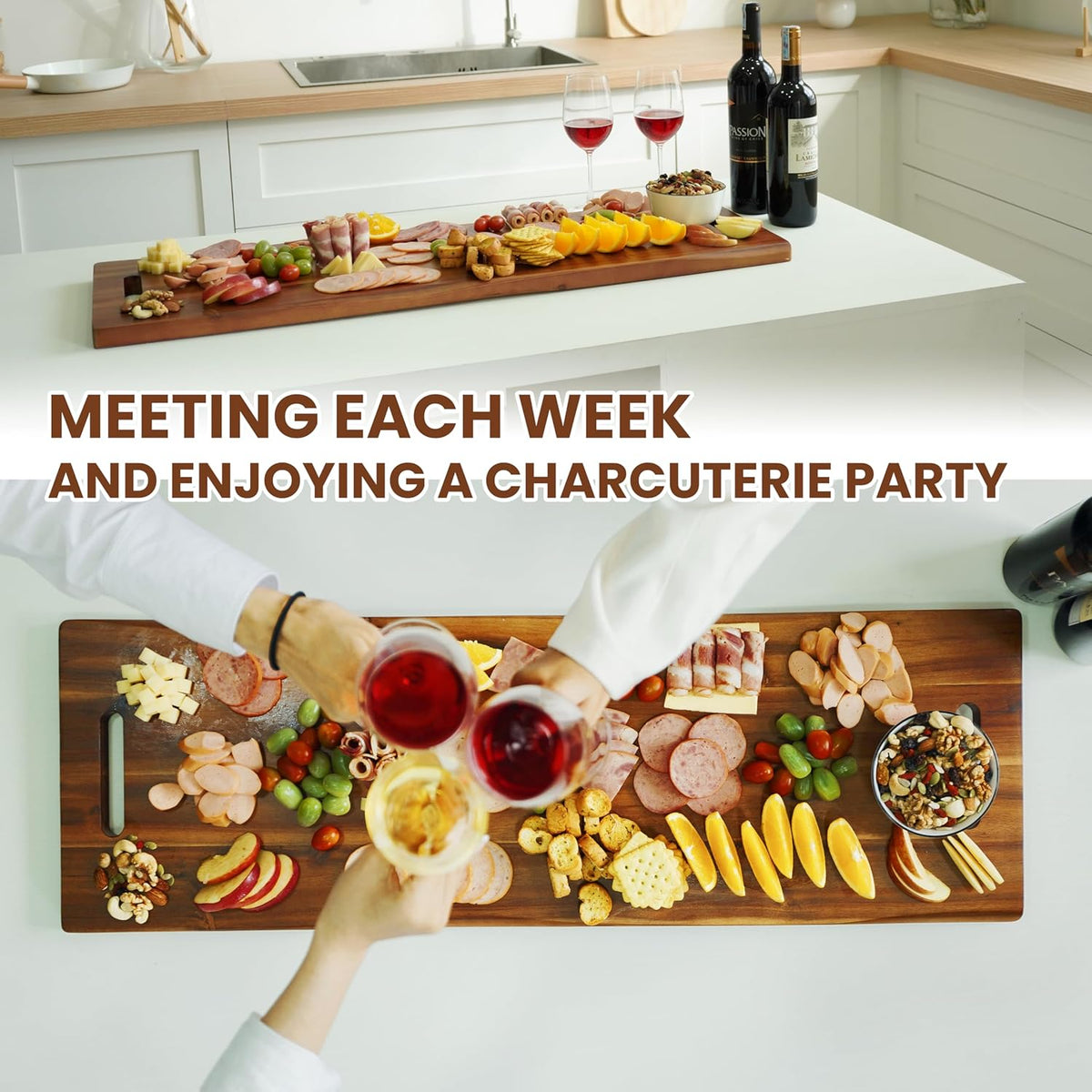 36" Large Acacia Wood Charcuterie Board with Handles - Extra Long Wooden Serving Cheese Boards