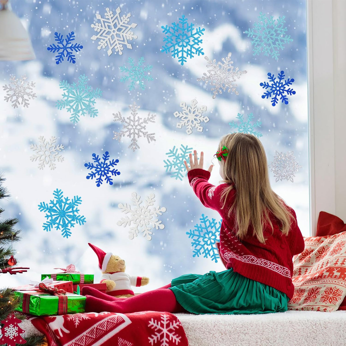 Winter Snowflake Cutouts Glitter Paper Decorations - 50Pcs Blue and Silver Double-Side Christmas