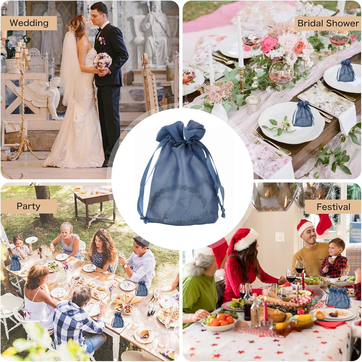 QIANF 20 Pcs Dark Blue Organza Bags 6X9 inch for Wedding Favors with Drawstring, Large Mesh Gift
