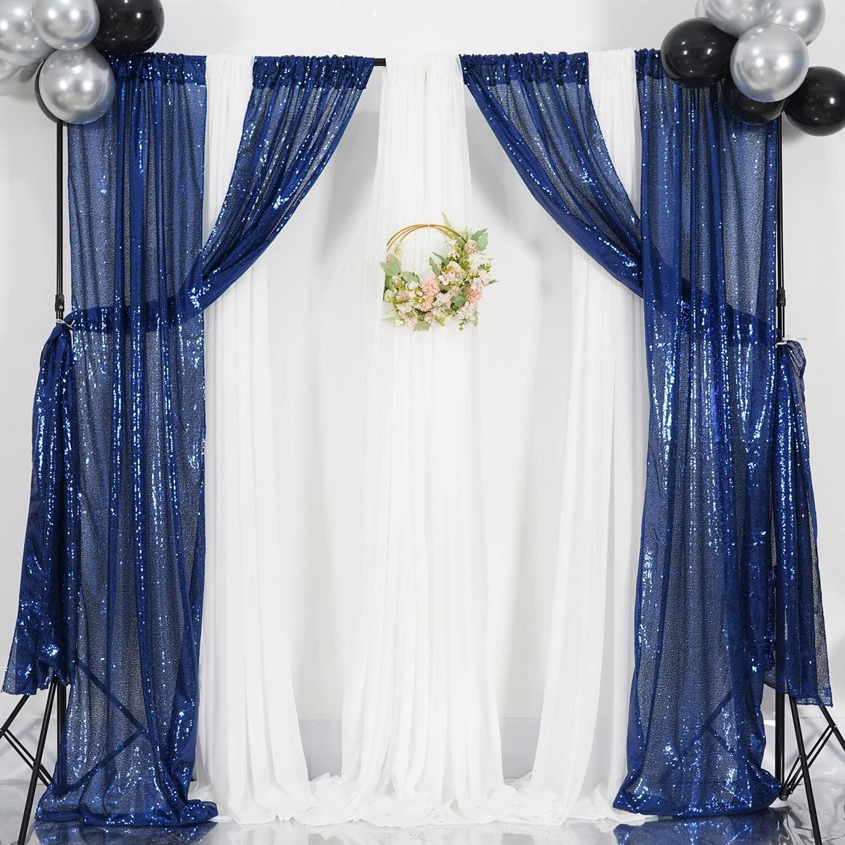 Poise3EHome 2ft x 8ft Blue Sequin Photography Backdrop Curtains 2 Panels for Party Decoration, Navy