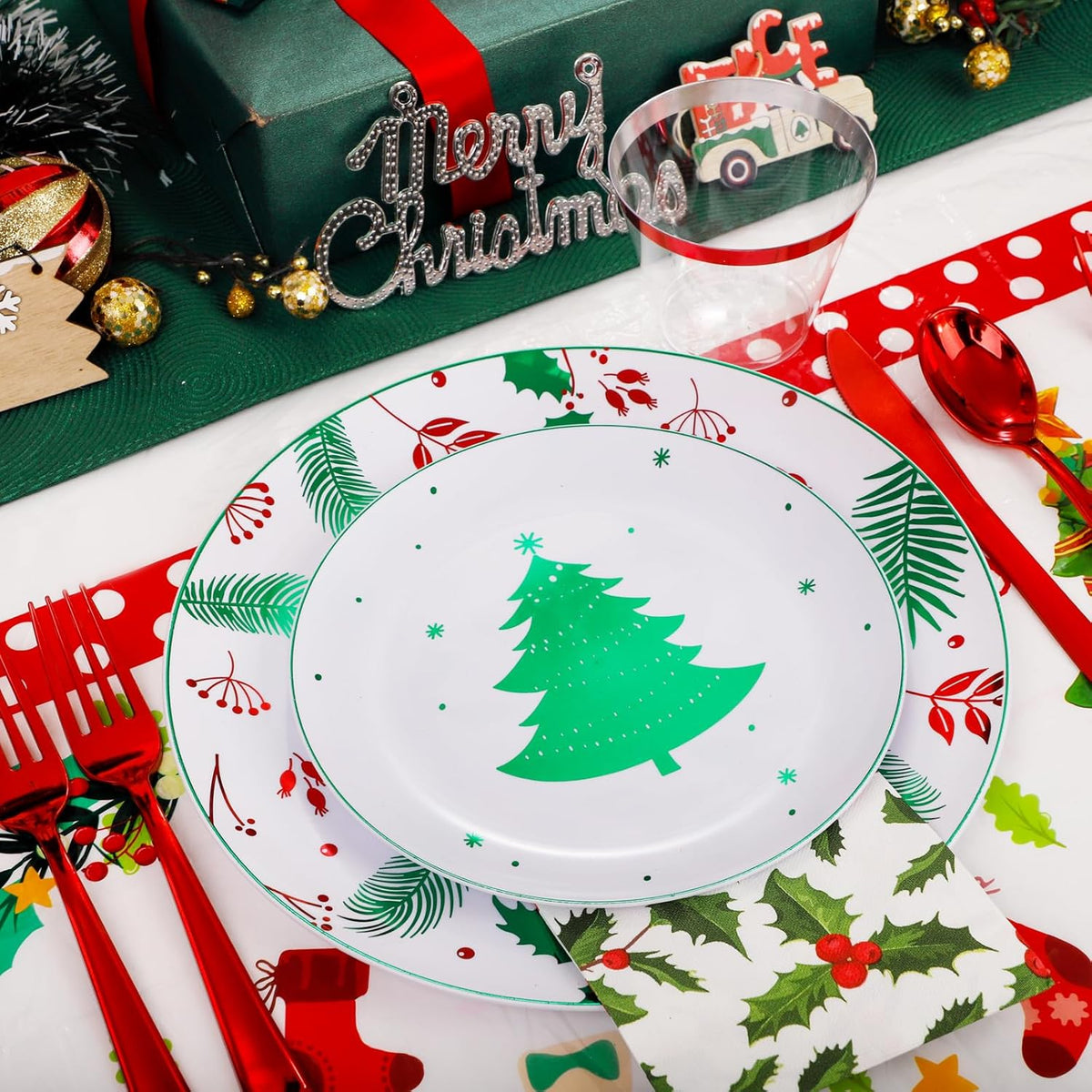 Festiva 176Pcs Christmas Plastic Plates Heavy Duty- Christmas disposable Dinnerware Set-include