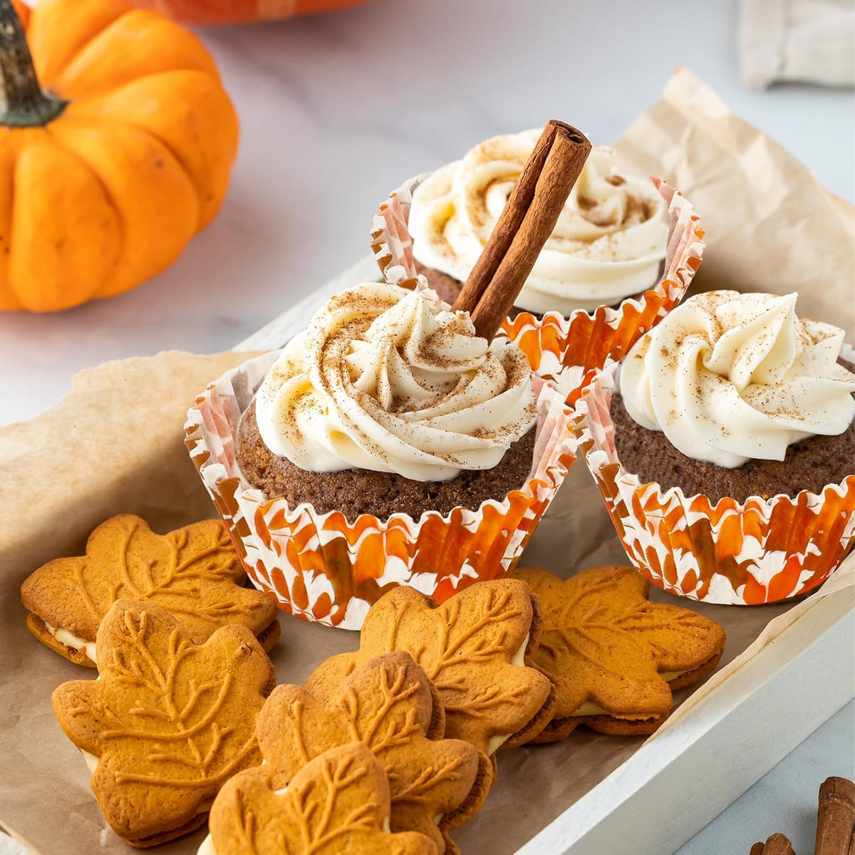Whaline 300Pcs Fall Cupcake Liners Orange Maple Leaves Paper Baking Cups Thanksgiving Watercolor