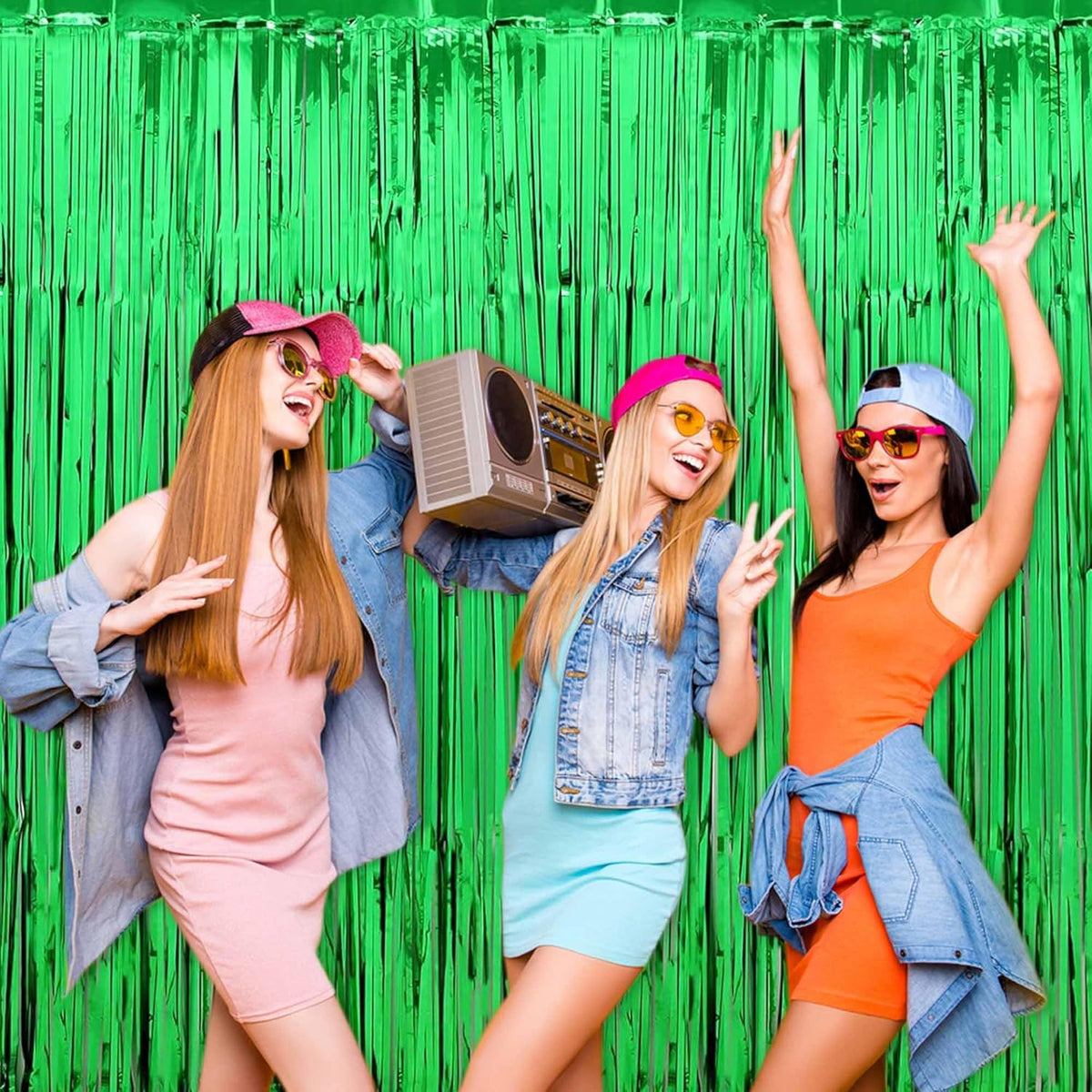 3 Pack Green Foil Fringe Curtains Backdrop, 3.28 x 9.8 Ft Metallic Streamers Tinsel Curtains