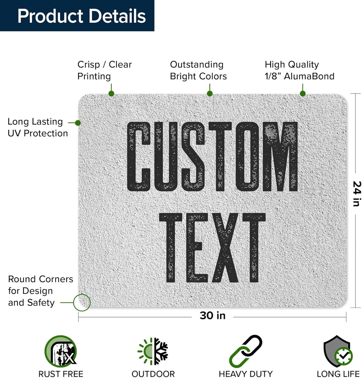 Custom Sign, Custom Street Sign, 11 Font Colors, 13 Font Styles, 4 Hole Options, 22 Sizes, 24x30