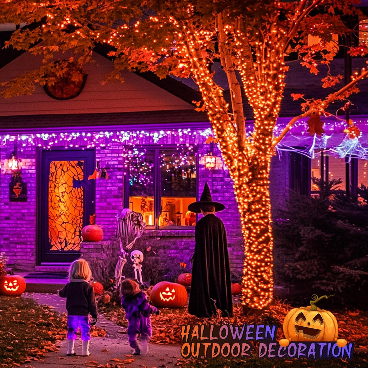 JMEXSUSS 168ft 600 LED Halloween Decor Lights Outdoor Clear Wire, Orange Purple String Lights