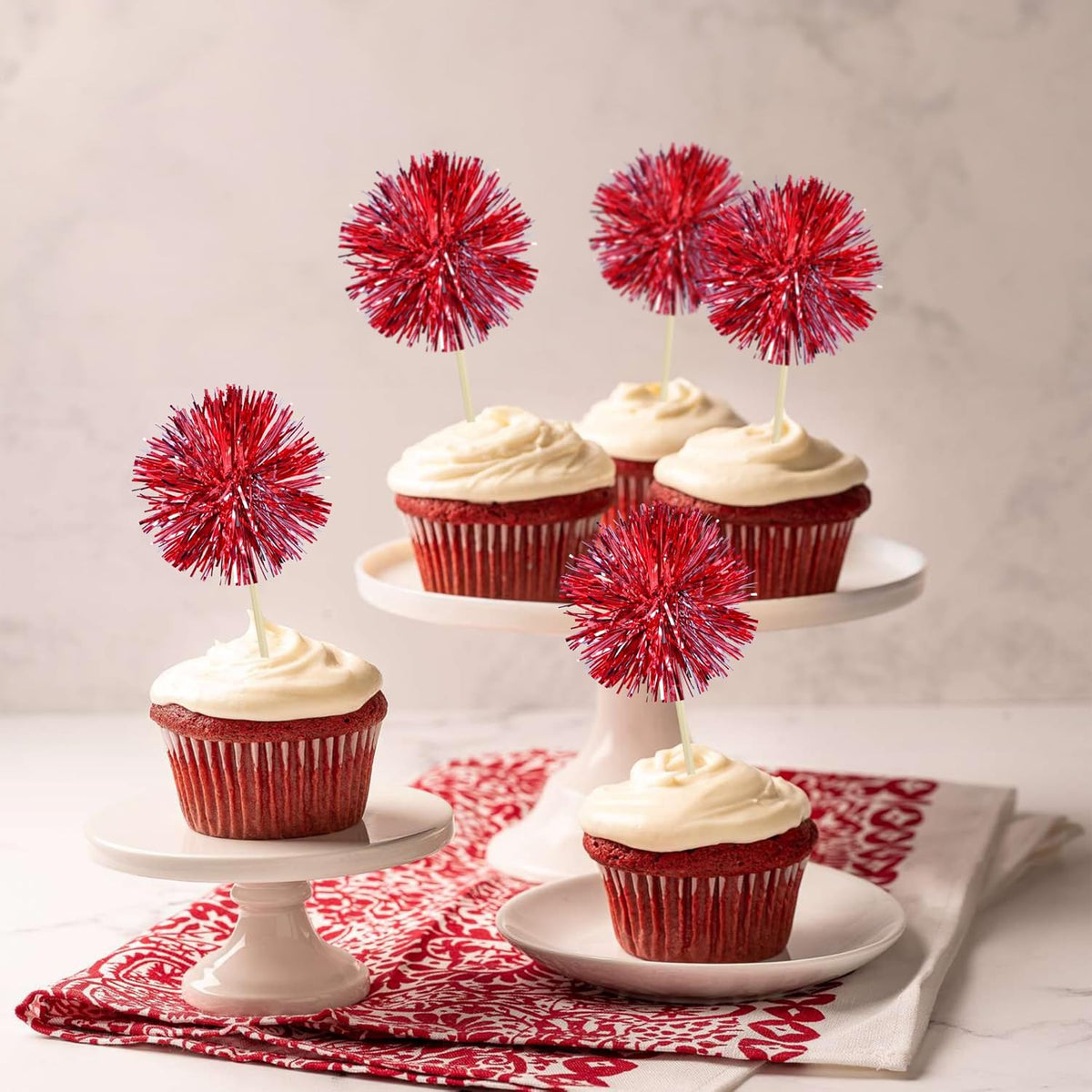 Gyufise 30Pcs Foil Firework Cupcake Toppers Sparkle Tinsel Cake Toppers Tinsel Drink Cake
