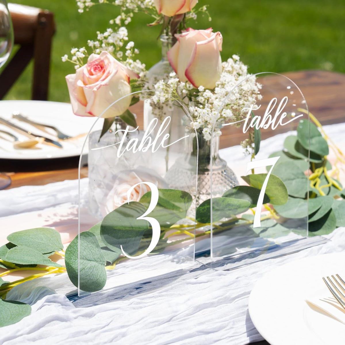Clear Arch Acrylic Table Numbers for Wedding Reception - 5" x 7" White Font Centerpiece Set with