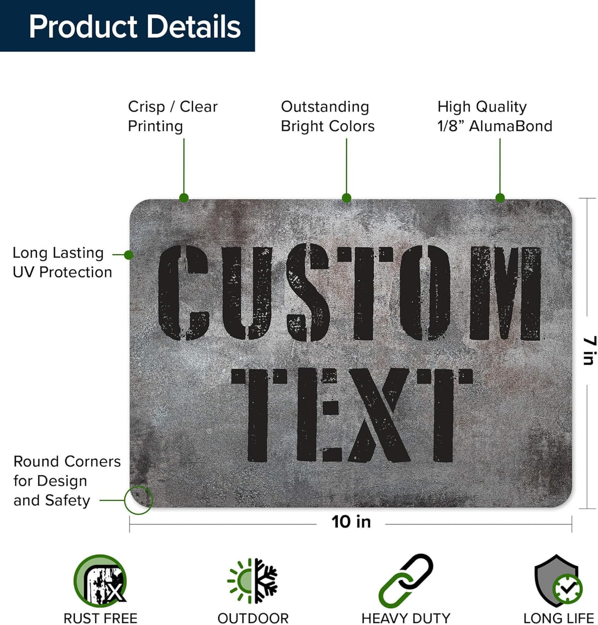 Custom Sign, Custom Street Sign, 11 Font Colors, 13 Font Styles, 4 Hole Options, 22 Sizes, 7x10