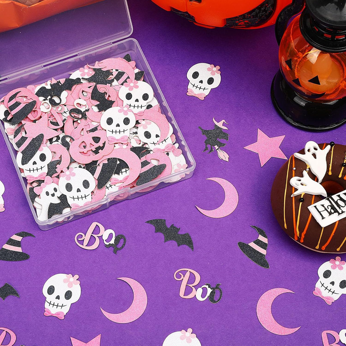 MARFOREVER Pink Halloween Confetti Glitter, Halloween BOO Witch Bat Pumpkin Ghost SkeletonTable
