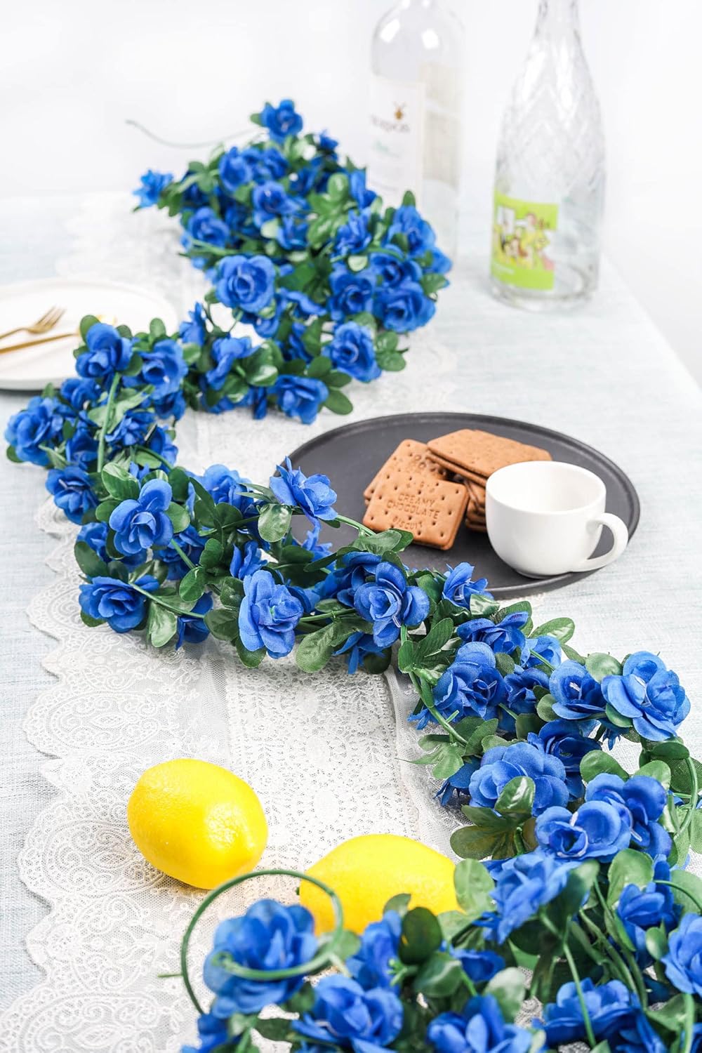 Miracliy 5Pcs 41FT Blue Flower Garland Artificial Rose Arch Vines Fake Spring Floral Garland for
