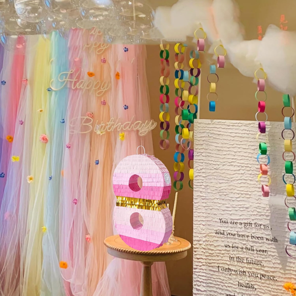 PCFING 20 Inch Number 8 Piñata Pink Gold with 30 Inch Piñata Stick Blindfold Confetti for Boys