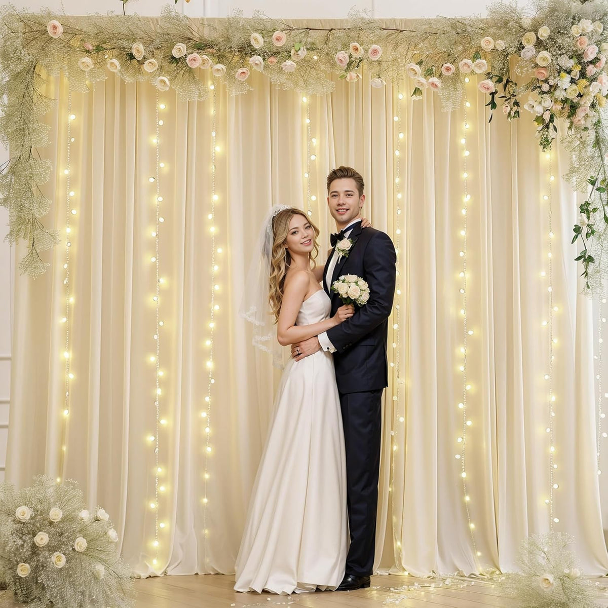 Beige Backdrop Curtains with Lights String for Parties,10x10FT Wrinkle Free Polyester Wedding Photo