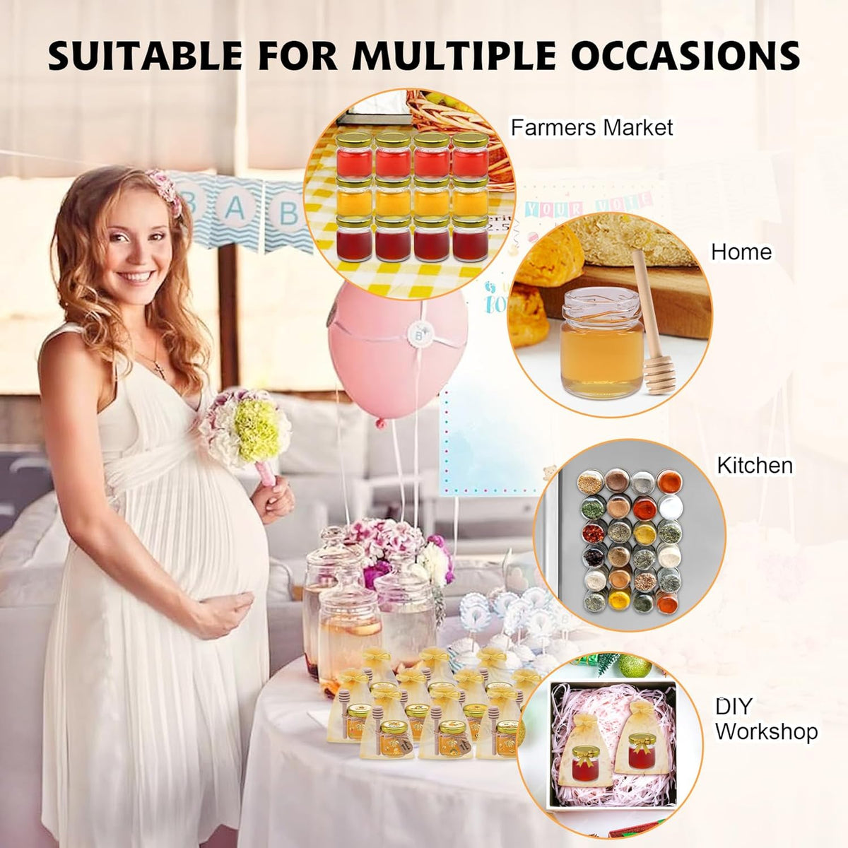 126 Pcs 1.5 oz Mini Round Glass Honey Jars with Dippers, Gold Lids, Bee Stickers, Bee Charms, Gift