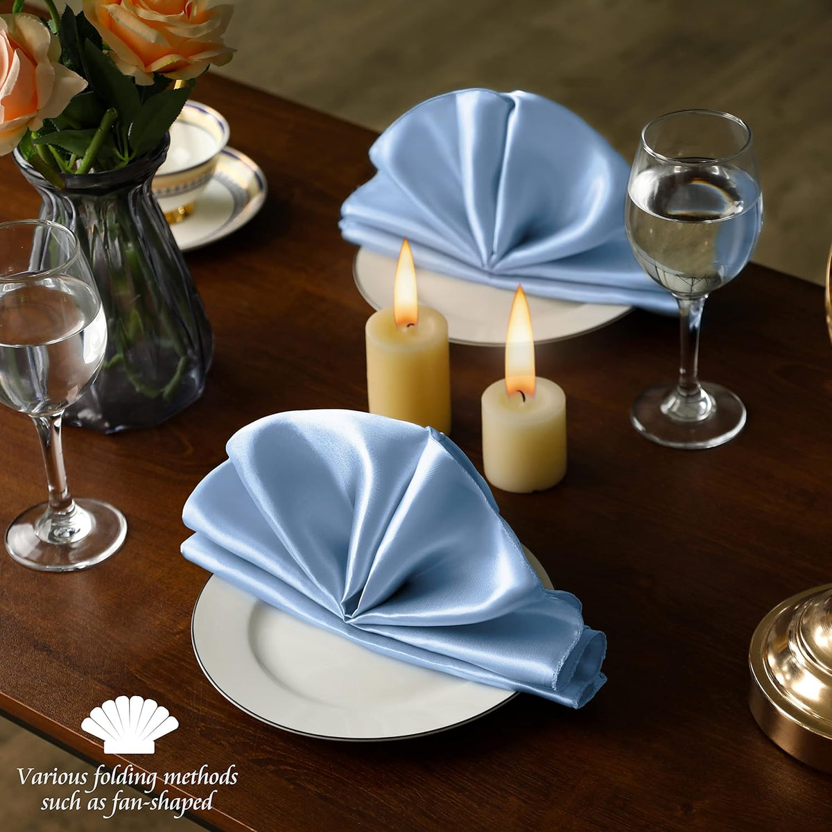 Manyshofu 60 Piece Baby Blue Satin Napkins - 20x20 Inch Square Fabric Napkins Set - Soft & Reusable