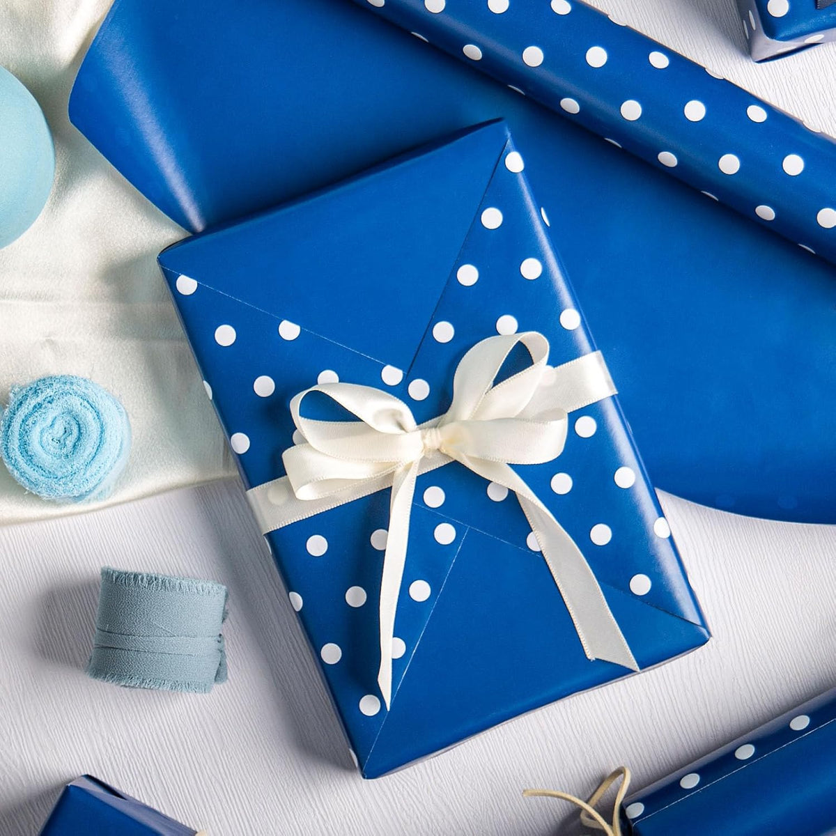 Flyhill Navy Blue Wrapping Paper,Reversible Gift Wrap Paper with Polka Dot Design for Father's