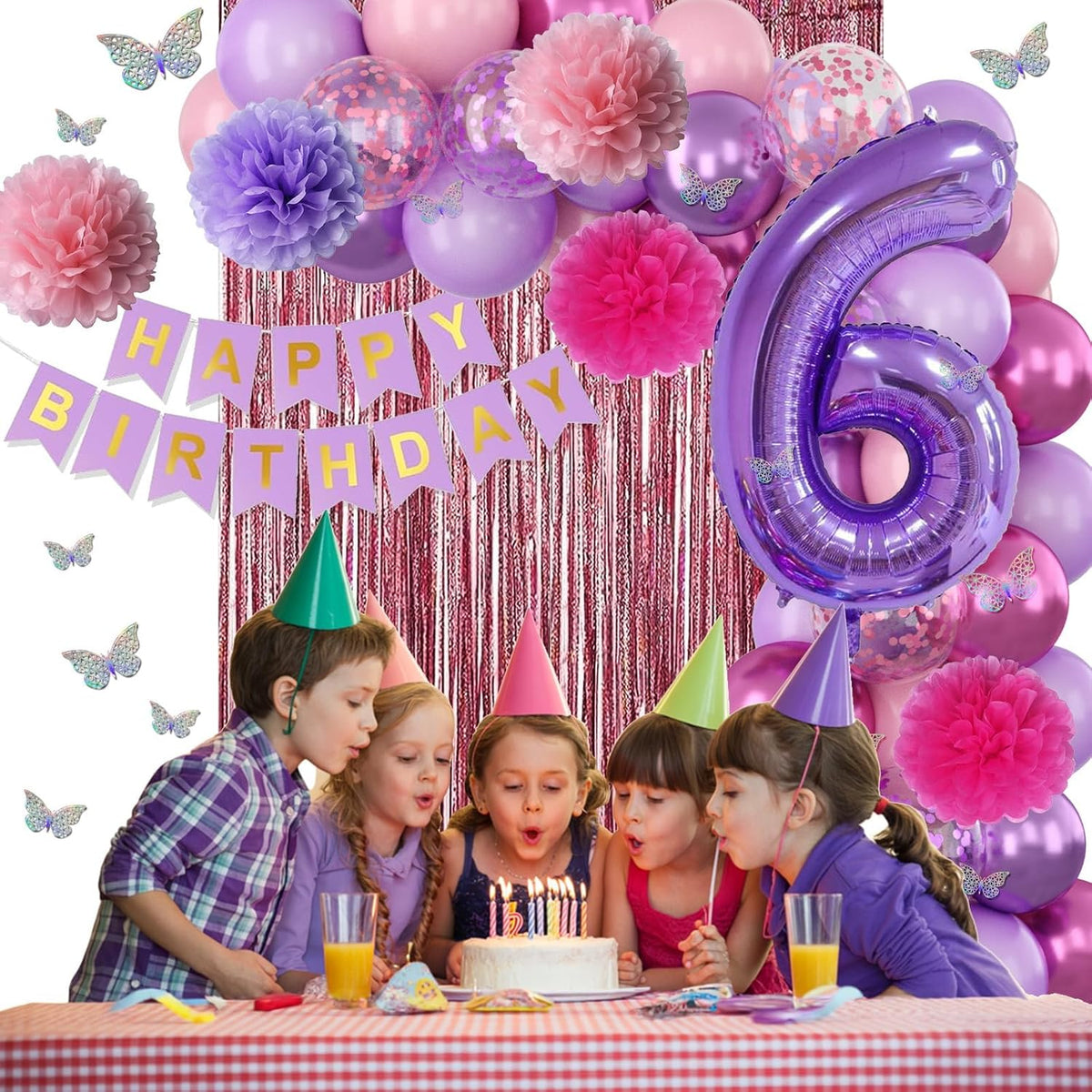 Pink Purple 6th Birthday Party Decorations for Girls Number 6 Balloon Happy Birthday Banner