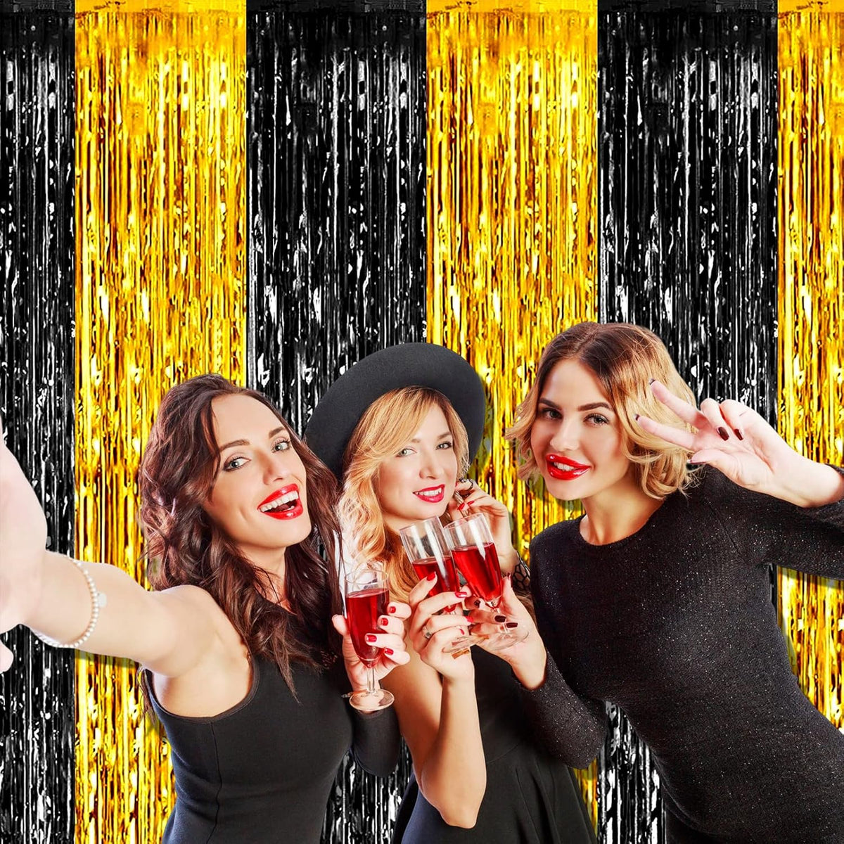 4 Pack Black Gold Foil Fringe Curtain Backdrop, 3.28Ft x 8.2Ft Metallic Tinsel Foil Fringe