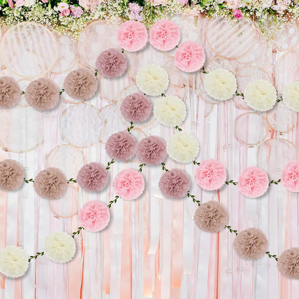 2 Pack Nude Pink Beige Tissue Paper Pom Pom Garlands Hanging with Cloth Vine for Nature Garden