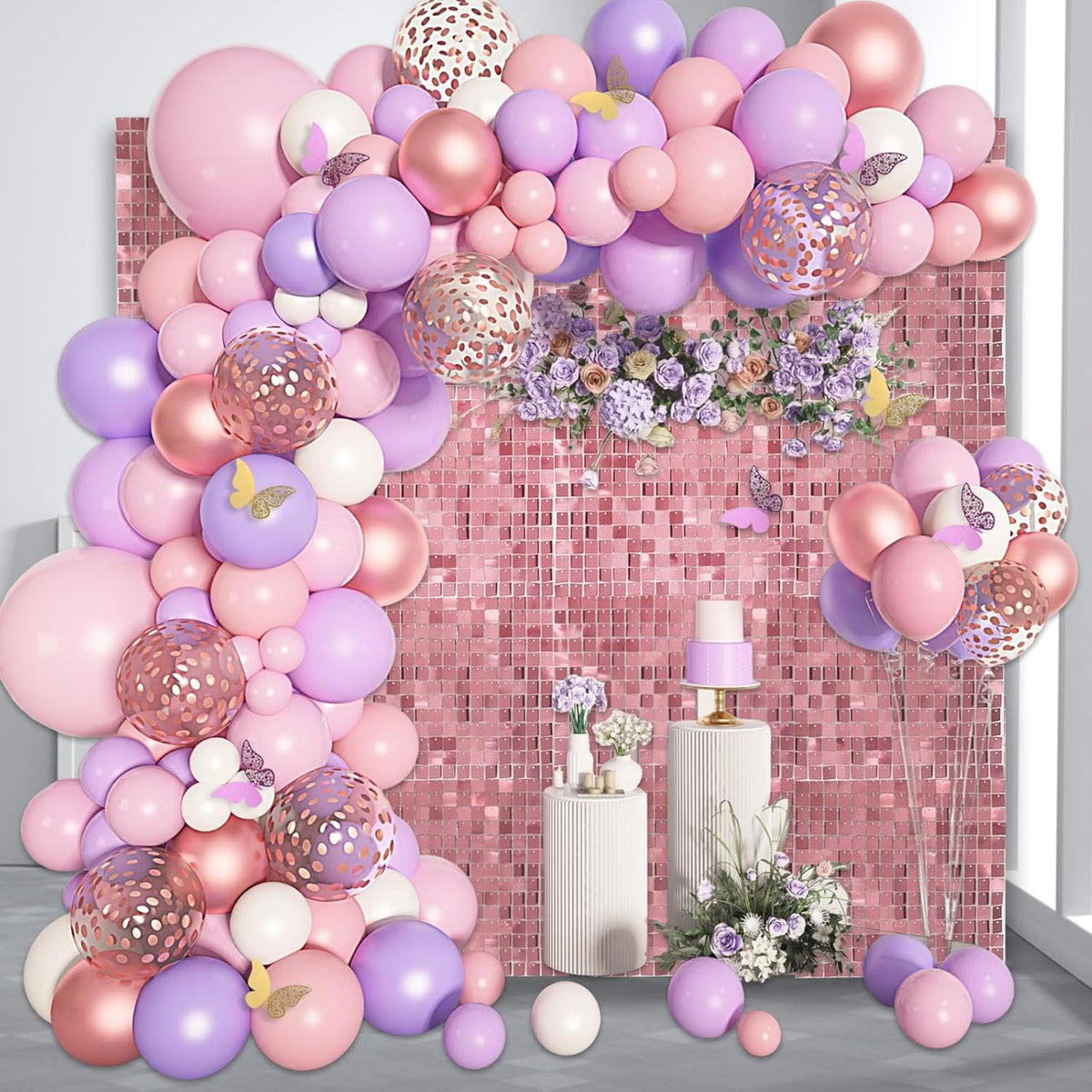 12PCS Pink Shimmer Wall Backdrop, Square Sequin Photo Backdrops Panel, Glitter Wall Background for