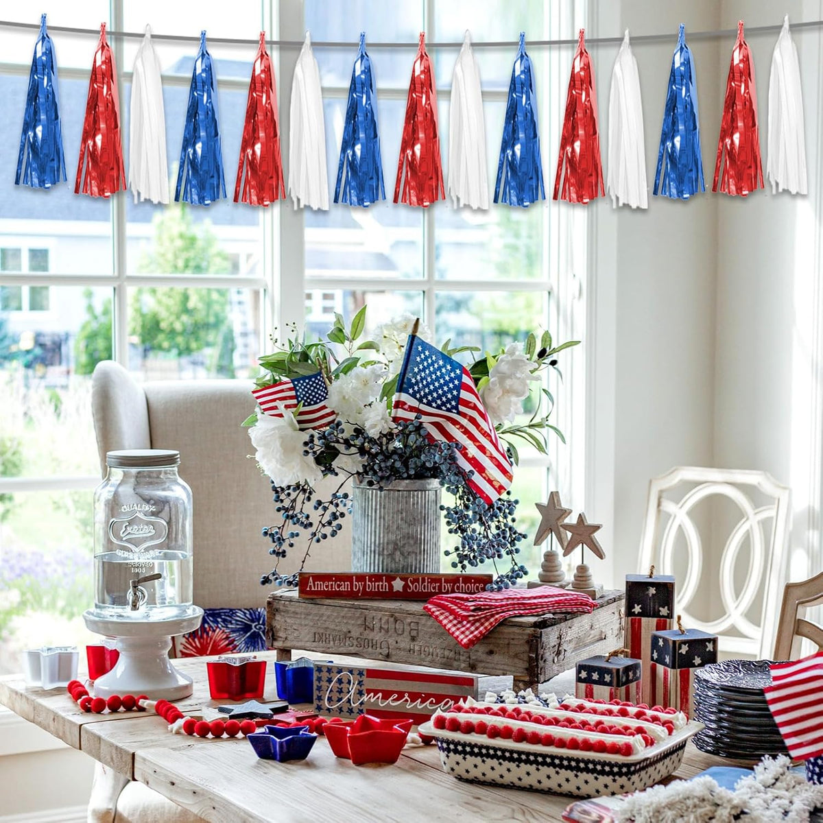 6P Red Blue White Foil Fringe Metallic Tassel Streamers Banner Tassel Garland for Parade Floats