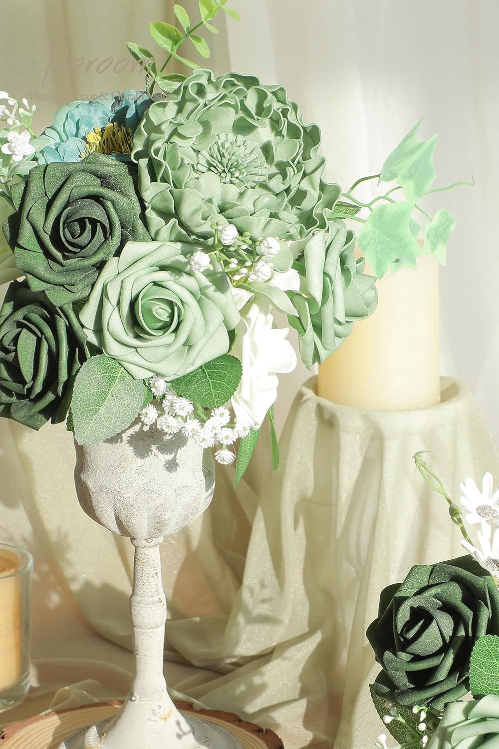 Floroom Artificial Flowers 25pcs Real Looking Sage Green & Emerald Green Foam Fake Roses with Stems