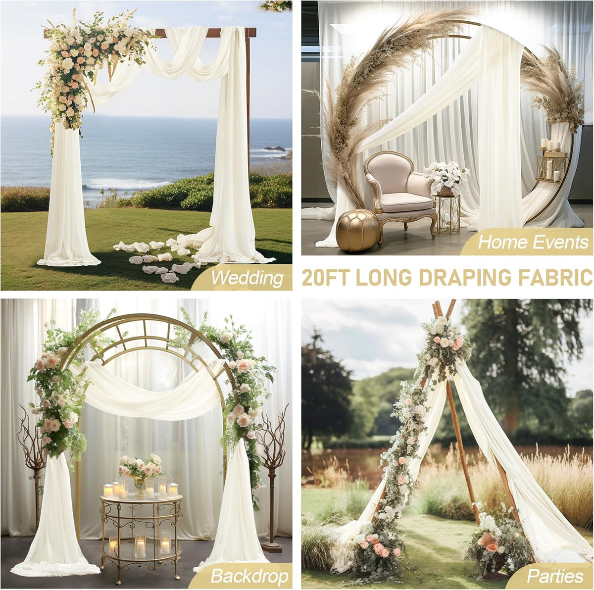 30" x 20Ft Wedding Arch Draping Fabric, 2 Panels Ivory Sheer Curtain Drapes Extra Wide & Long