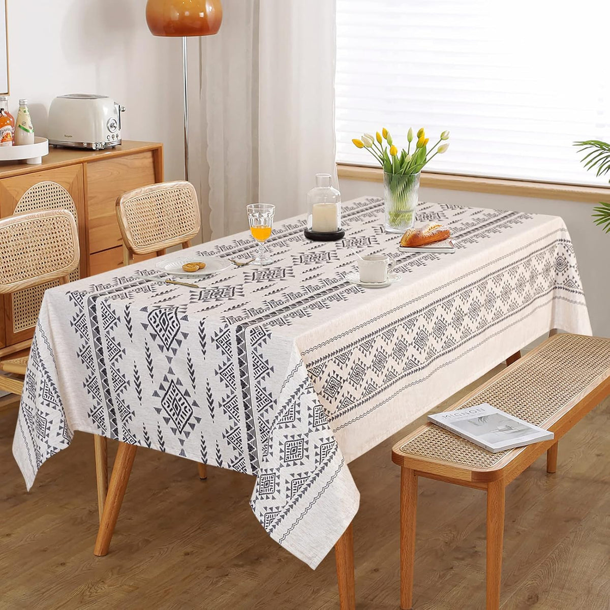 MYSKY HOME 60x102 Boho Rectangle Tablecloth Linen Farmhouse Tablecloth Waterproof Decorative Fabric