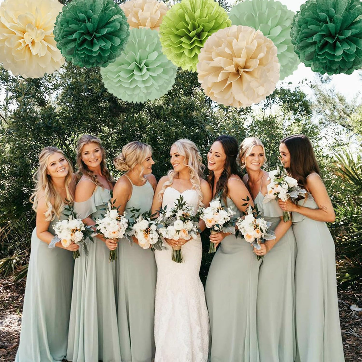 Sage-Olive Green Champagne-Gold Party Decorations - 30pcs Rustic Boho Wedding Paper Tissue Pom Poms