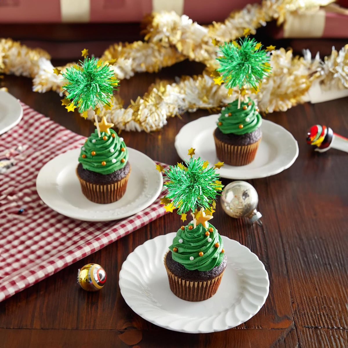 Ephlyn 30Pcs Foil Firework Cupcake Toppers Happy Birthday Cake Toppers Tinsel Flower Drink Stirrers