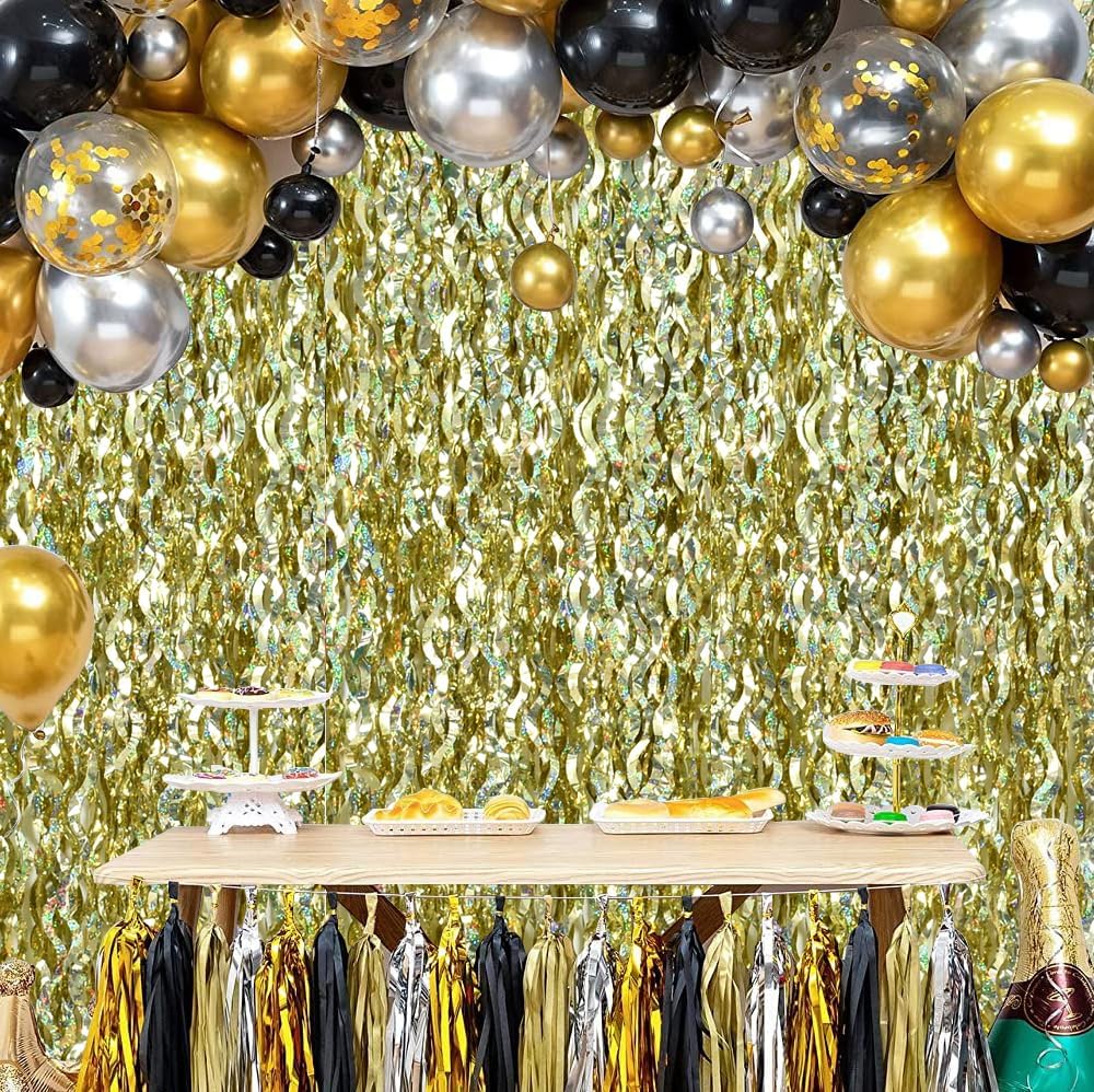 TONIFUL 3Pcs Wavy Metallic Tinsel Foil Fringe Curtains Champagne Gold Streamer Backdrop for Photo