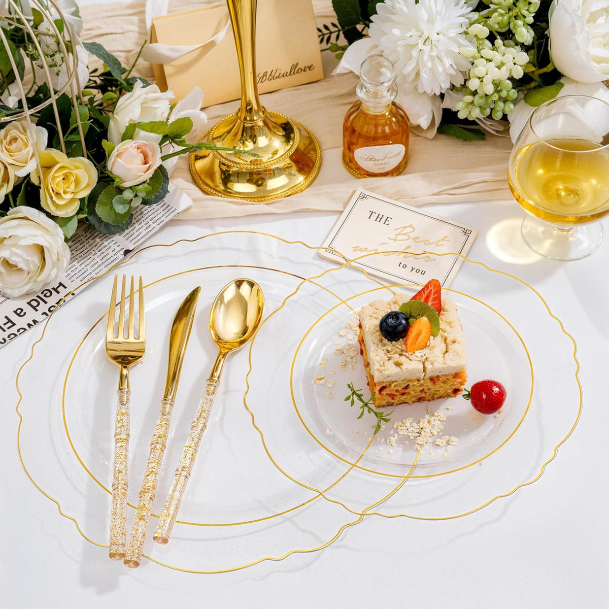 Liacere 150PCS Clear Gold Plastic Plates - Disposable Plastic Silverware with Glitter Bamboo Handle