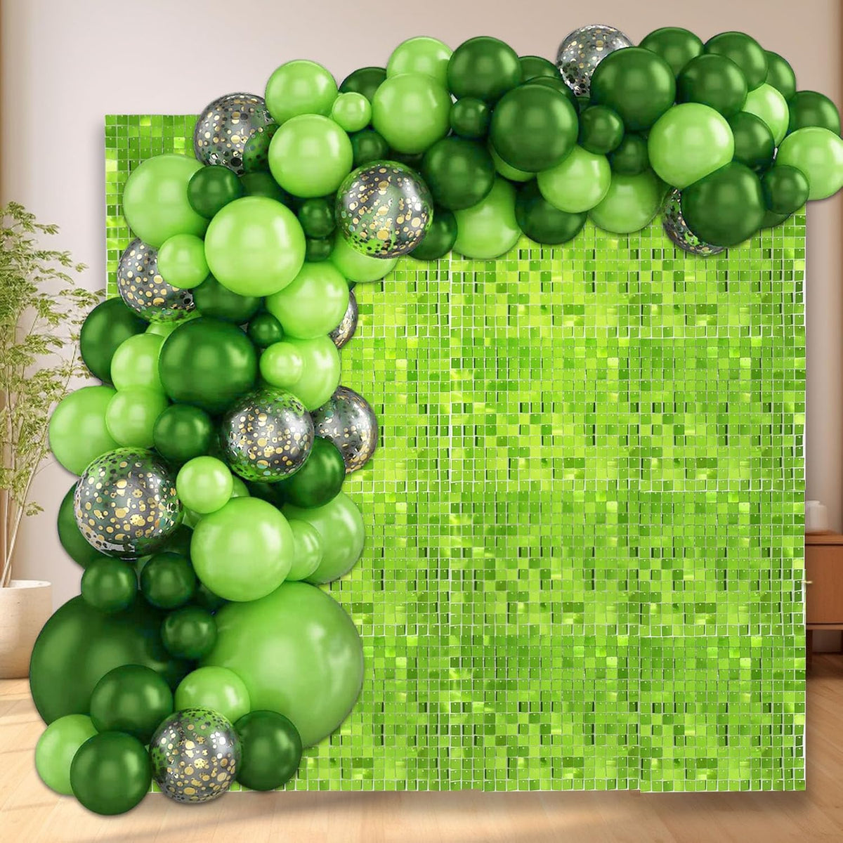 12PCS Green Shimmer Wall Backdrop, Square Sequin Photo Backdrops Panel, Glitter Wall Background for