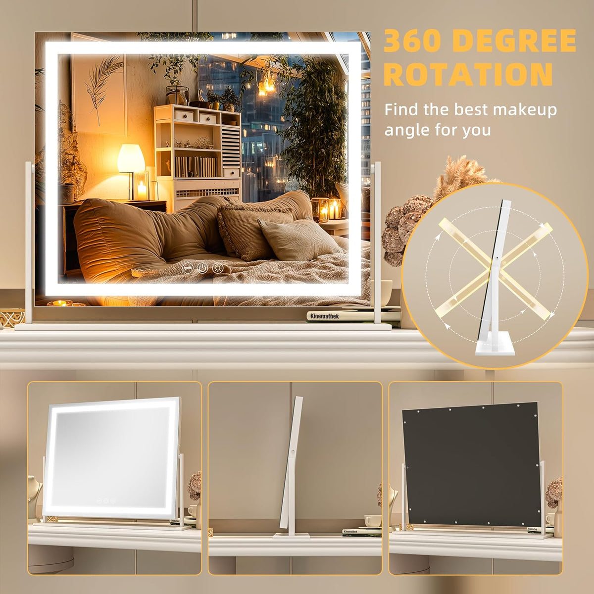 Vanity Mirror with Lights, 24'' x 20'' Lighted Makeup Mirror, Touch Screen with 3-Color Lighting