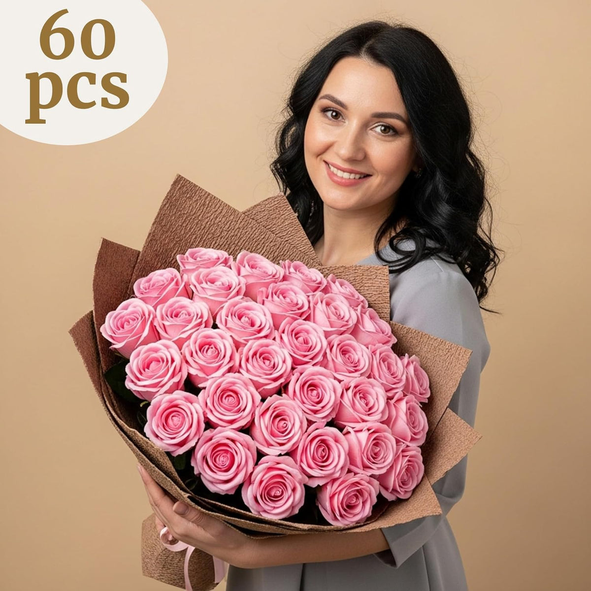 Auihiay 60PCS Pink Roses, Artificial Roses, Velvet Silk Fake Roses, Realistic Pink Artificial
