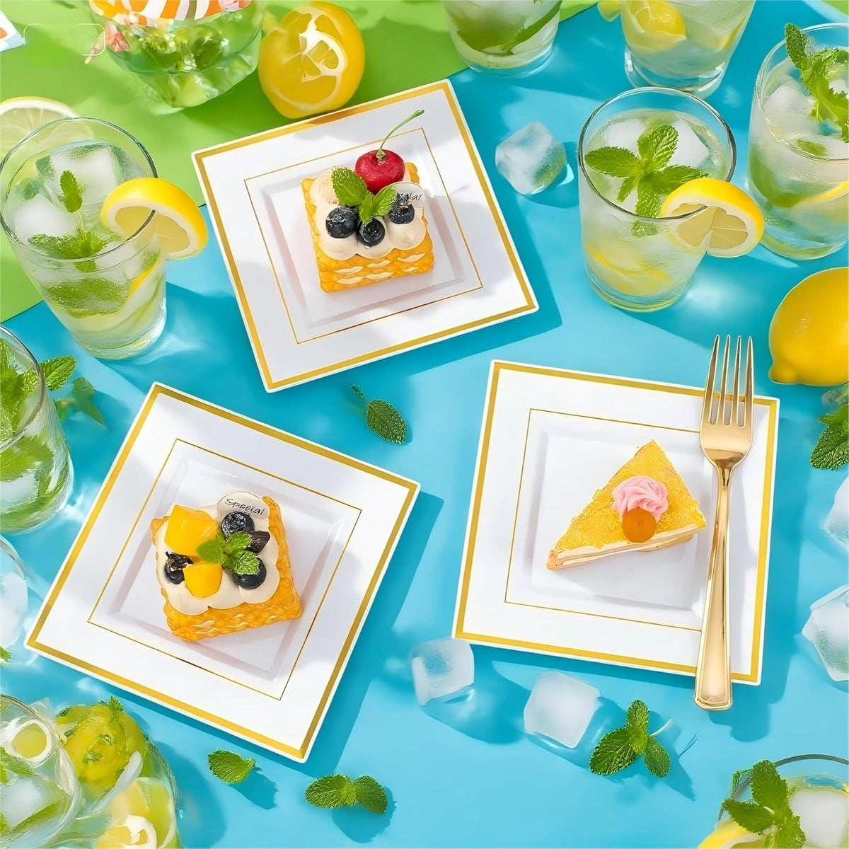 Festiva 350Pcs Gold Plastic Plates - Disposable Square Gold Plates Dinnerware set include 9.5"/6"