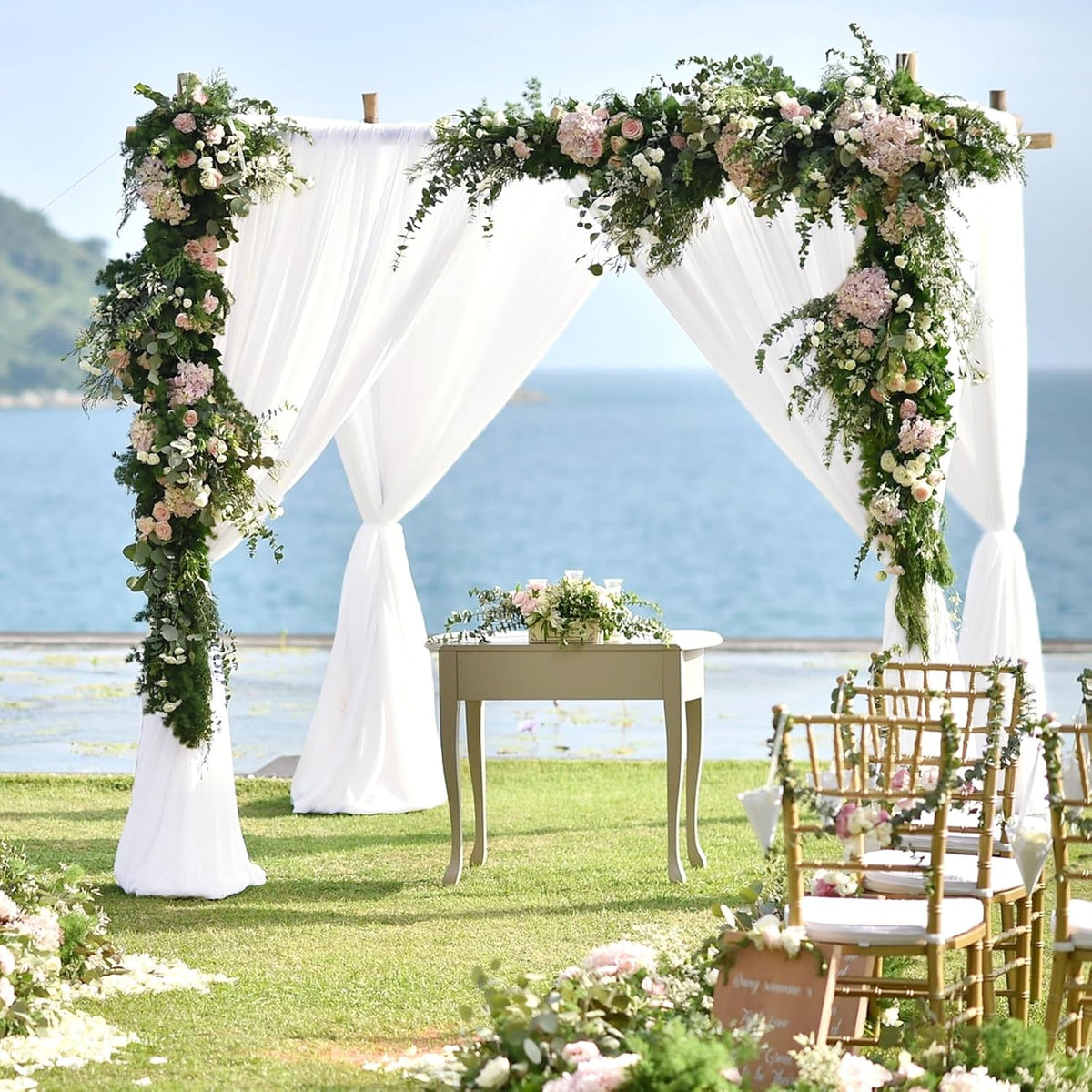 VOK White Wedding Arch Draping Fabric Chiffon Fabric, 29in x 18Ft 2 Panels Sheer Chiffon Outdoor