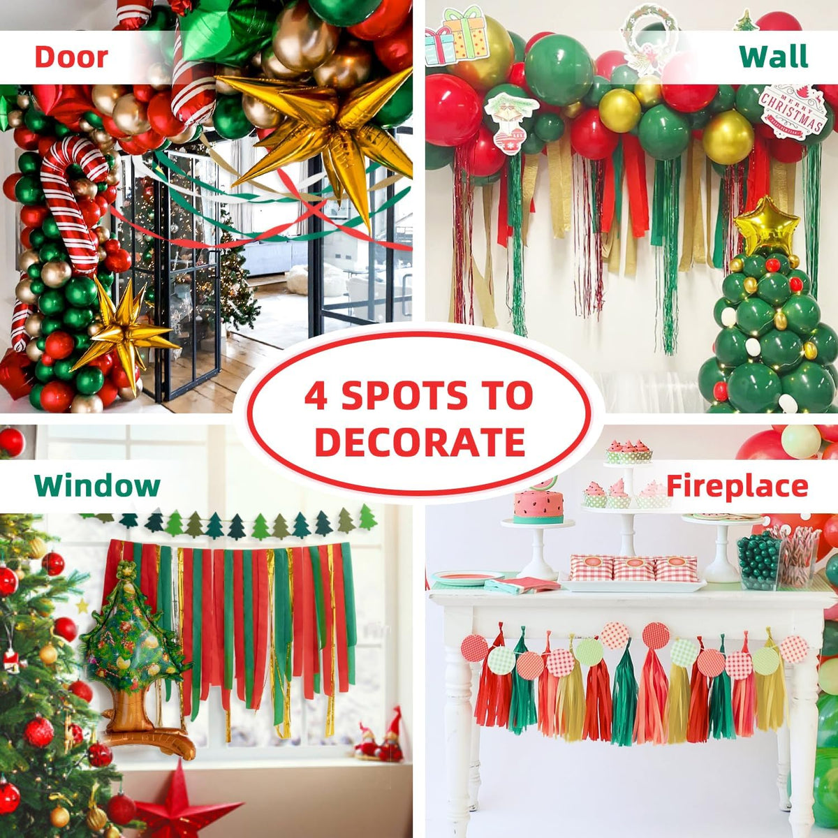 Crepe Paper Streamers 8 Rolls 656ft, Pack of Green, Red, Gold, White Party Streamers for Christmas