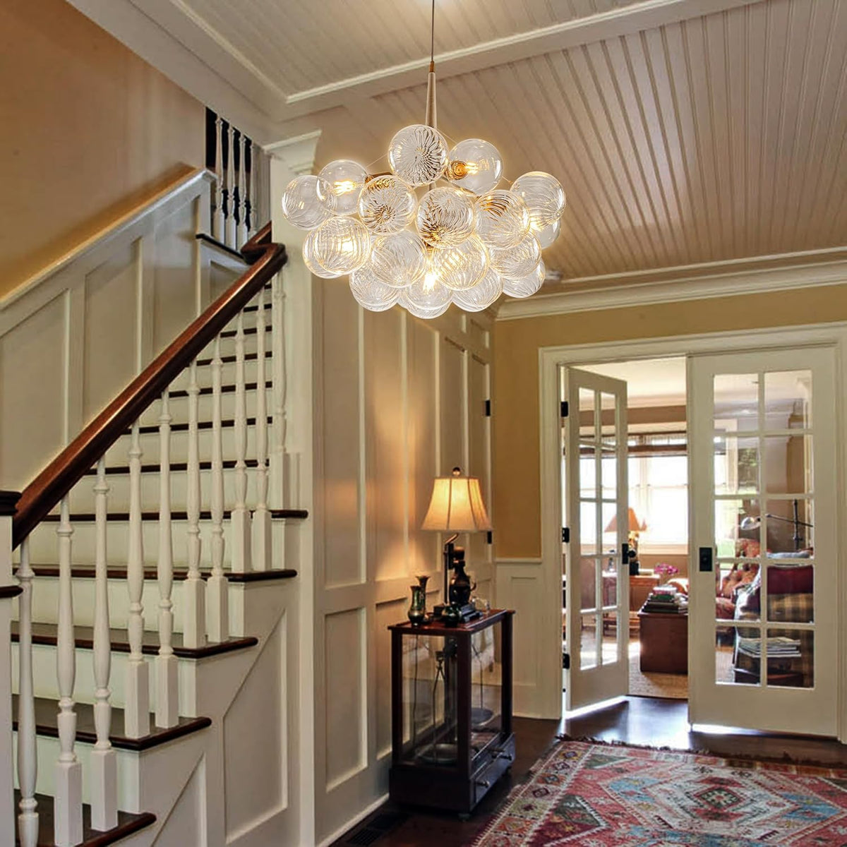 Mid-Century Bubble Globe Chandelier, White and Gold 6 Lights Dia 24" Swirled Glass Chandeliers for
