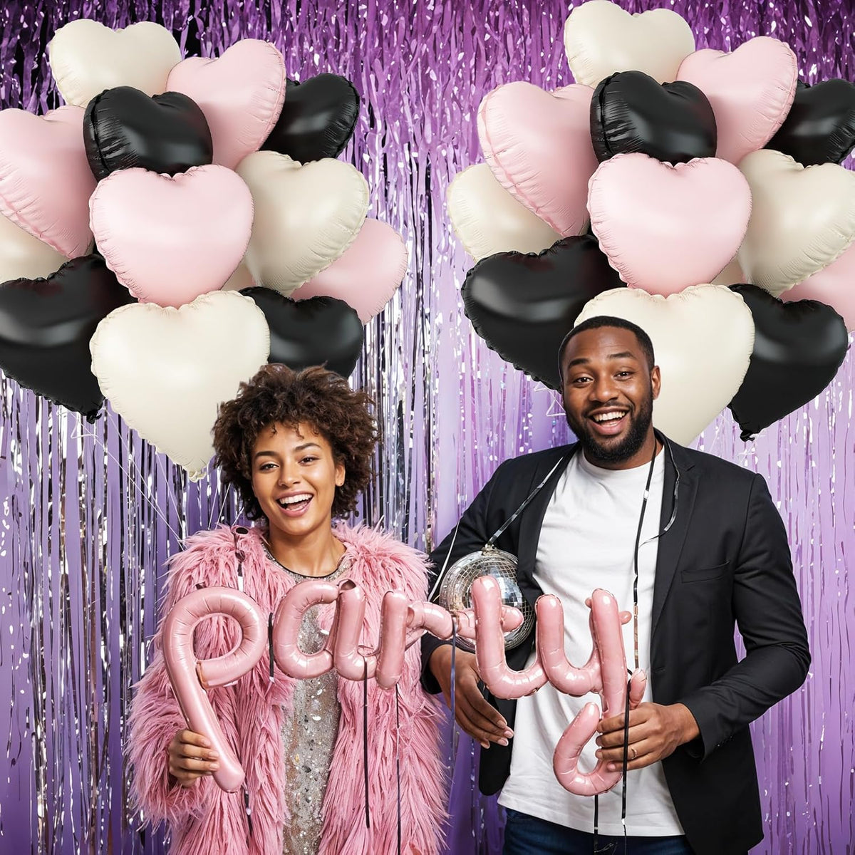 Black Pink White Heart Balloons,12Pcs 18Inch Black Cream White Baby Pink Heart Shaped Foil Helium