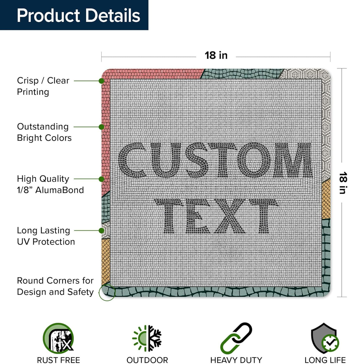 Custom Sign, Custom Street Sign, 11 Font Colors, 13 Font Styles, 4 Hole Options, 22 Sizes, 18x18