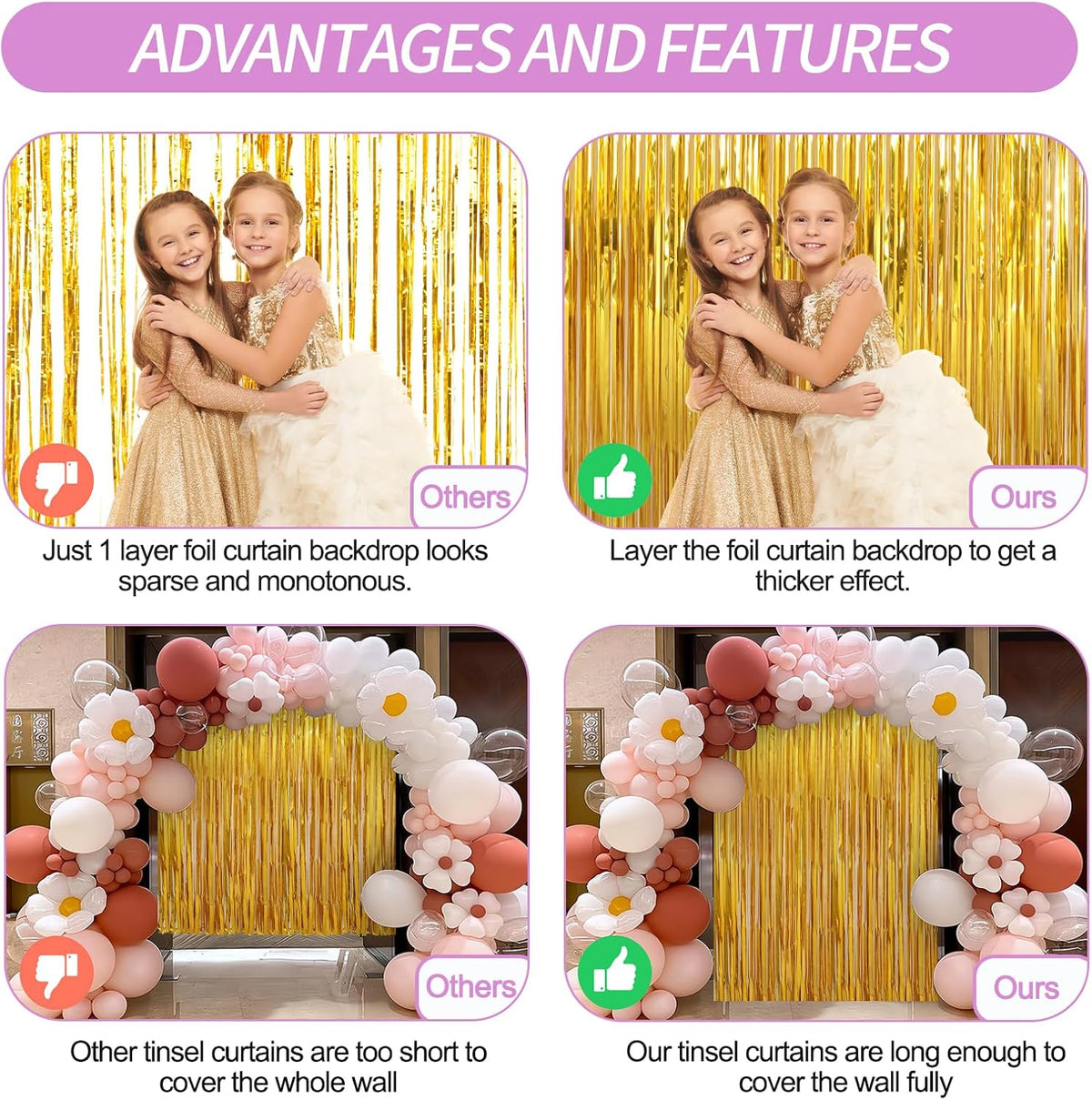 6 Pack Gold Foil Fringe Curtains Streamers Party Decorations 3.3 x 8.2 ft, Gold Tinsel Curtain