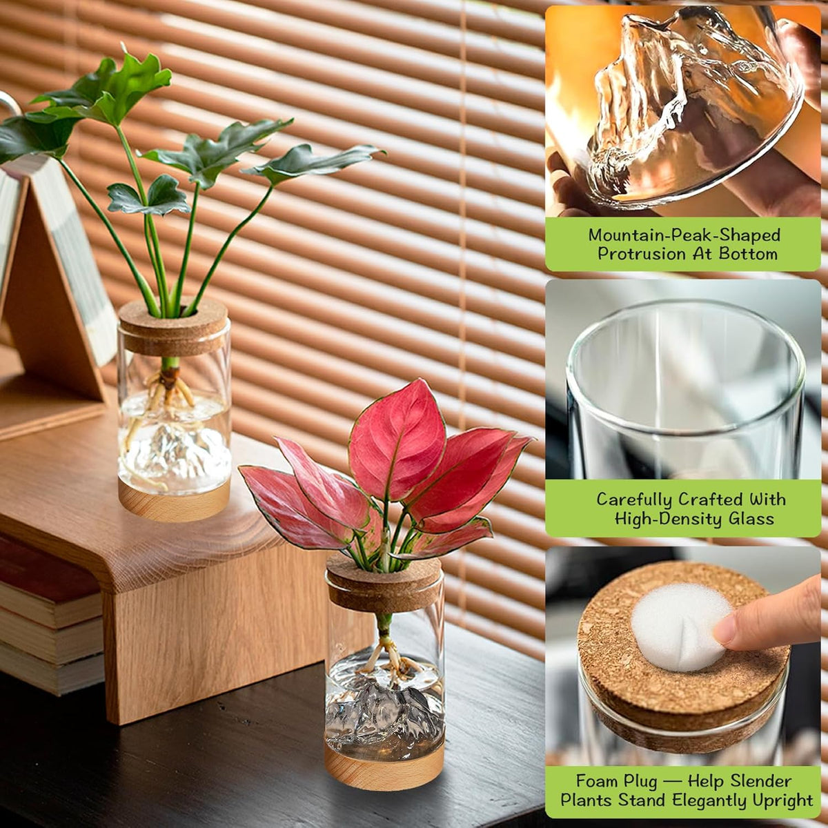 2Pcs Plant Propagation Station with Mountain-Shaped Bottom - Hydroponic Glass Vases, Wooden Base