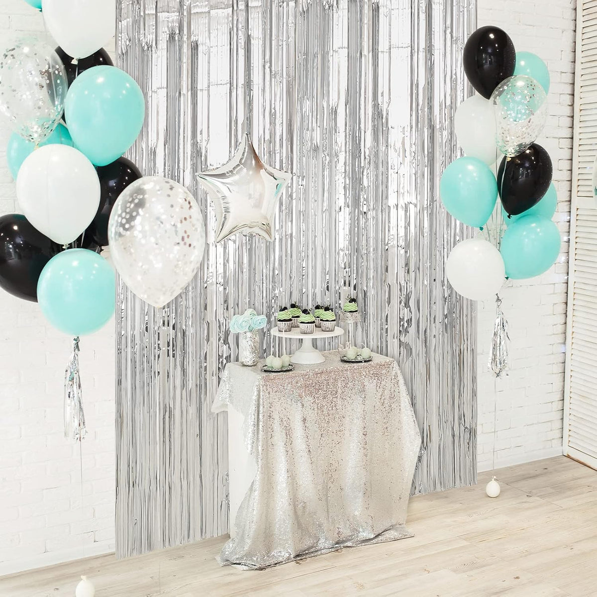 Crosize 4 Pack 3.3 x 9.9 ft Silver Foil Fringe Curtains Party Decorations, Silver Tinsel Curtain