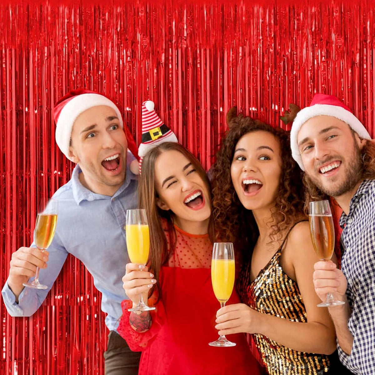 3 Pack Red Foil Fringe Curtains Backdrop, 3.28 x 9.8 Ft Metallic Streamers Tinsel Curtains