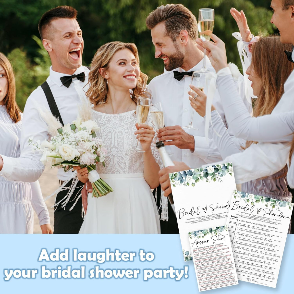 Bridal Showdown - Botanical Bridal Shower Game Cards - 50 Pcs Eucalyptus Leaves Game Cards - Funny